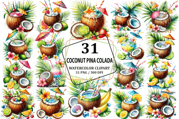 Download Watercolor Coconut Pina Colada Clipart - Watercolor coconut Collection